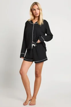 Ensemble Pyjama Chemise À Manches Longues Et Short En Jersey Avec Détails Passepoilés