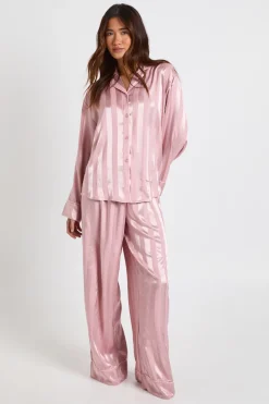 Ensemble Pyjama Chemise Oversize Manches Longues & Pantalon en Satin Jacquard