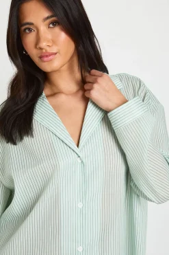 Ensemble Pyjama Chemise Oversize À Rayures Fines Manches Longues & Short En Coton