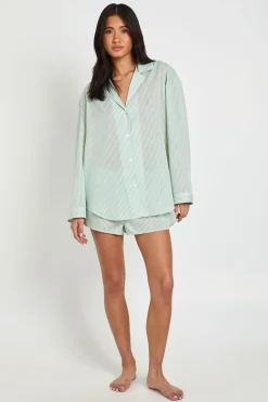 Ensemble Pyjama Chemise Oversize À Rayures Fines Manches Longues & Short En Coton