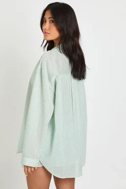 Ensemble Pyjama Chemise Oversize À Rayures Fines Manches Longues & Short En Coton
