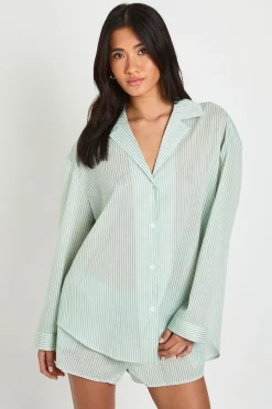 Ensemble Pyjama Chemise Oversize À Rayures Fines Manches Longues & Short En Coton