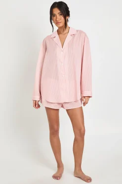 boohoo Ensemble Pyjama Chemise Oversize À Rayures Fines Manches Longues Et Short En Coton<Femme Pyjamas