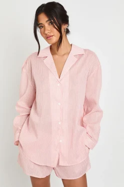 boohoo Ensemble Pyjama Chemise Oversize À Rayures Fines Manches Longues Et Short En Coton<Femme Pyjamas