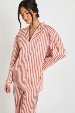 Ensemble Pyjama Chemise Oversize À Manches Longues Et Pantalon En Coton À Fines Rayures