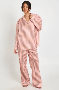 Ensemble Pyjama Chemise Oversize À Manches Longues Et Pantalon En Coton À Fines Rayures