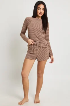 Ensemble Pyjama Côtelé Doux À Rayures Haut Manches Longues & Short