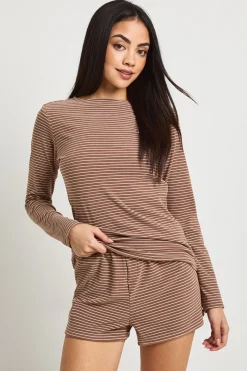 Ensemble Pyjama Côtelé Doux À Rayures Haut Manches Longues & Short