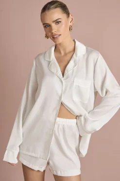 Ensemble Pyjama de Mariée 'Bride' en Satin Brodé avec Chemise à Manches Longues et Short