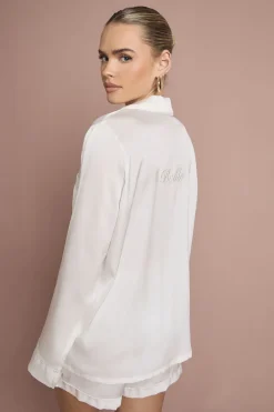 Ensemble Pyjama de Mariée 'Bride' en Satin Brodé avec Chemise à Manches Longues et Short