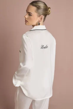 boohoo Ensemble Pyjama de Mariée 'Bride' en Satin Brodé avec Chemise à Manches Longues et Pantalon<Femme Satin Et Dentelle|Pyjamas