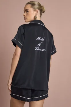 Ensemble Pyjama de Mariée 'Demoiselle d'Honneur' en Satin Brodé avec Chemise à Manches Courtes et Short