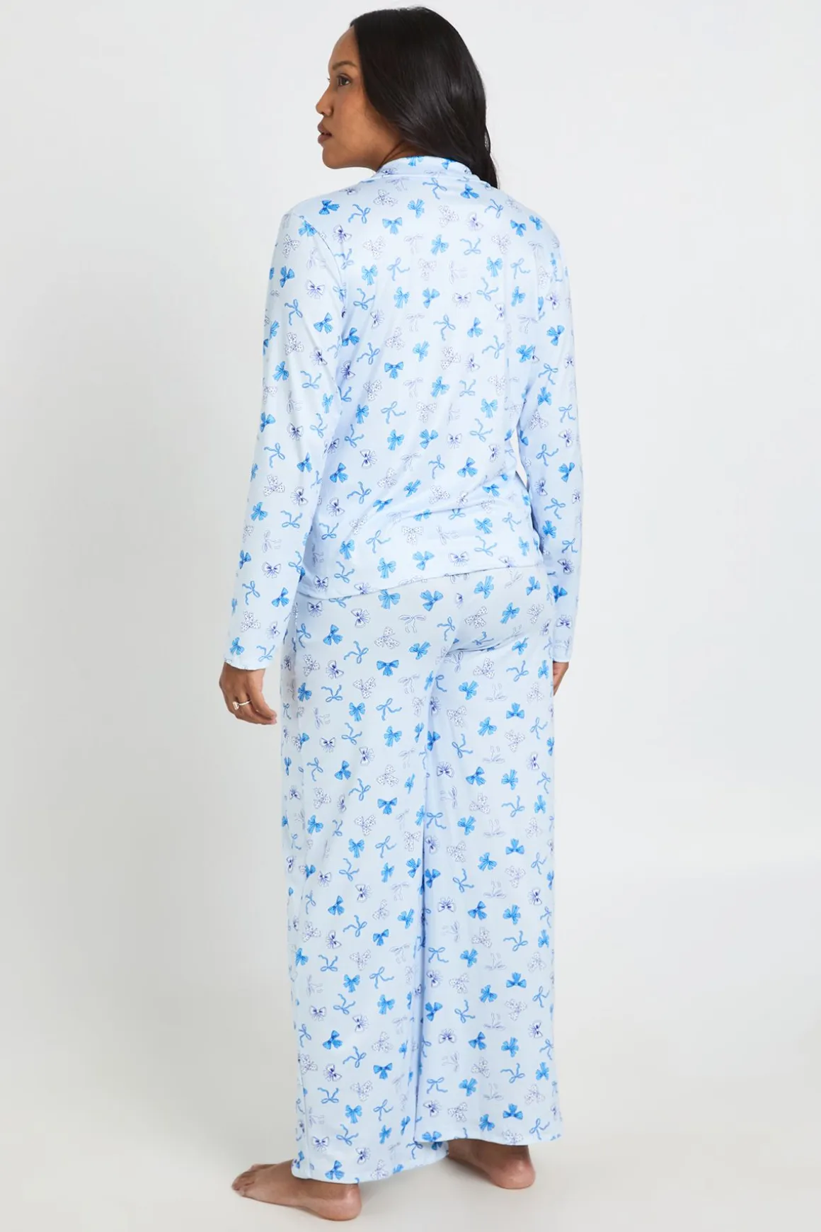 Ensemble Pyjama De Maternité Chemise Et Pantalon À Manches Longues Imprimé Pois Et Nœuds