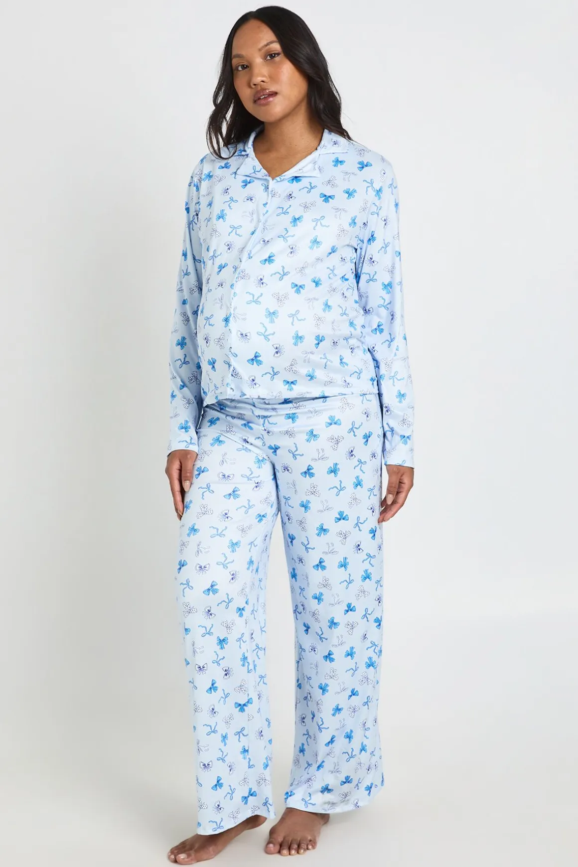 Ensemble Pyjama De Maternité Chemise Et Pantalon À Manches Longues Imprimé Pois Et Nœuds