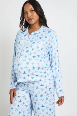 Ensemble Pyjama De Maternité Chemise Et Pantalon À Manches Longues Imprimé Pois Et Nœuds