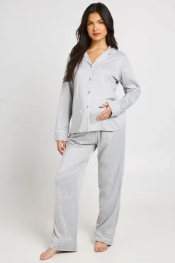 boohoo Ensemble Pyjama De Maternité Chemise À Manches Longues Et Pantalon Avec Détails Passepoilés<Femme Tons Neutres|Pyjamas