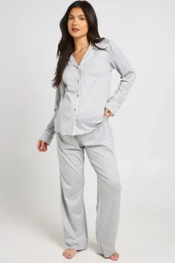 boohoo Ensemble Pyjama De Maternité Chemise À Manches Longues Et Pantalon Avec Détails Passepoilés<Femme Tons Neutres|Pyjamas
