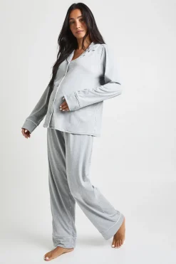 Ensemble Pyjama De Maternité Chemise À Manches Longues Et Pantalon Avec Détails Passepoilés