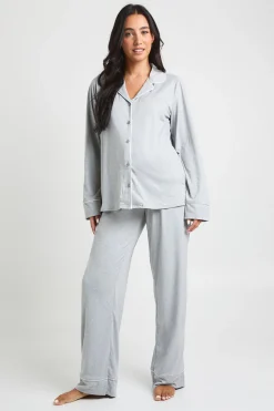 Ensemble Pyjama De Maternité Chemise À Manches Longues Et Pantalon Avec Détails Passepoilés