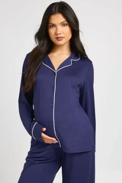 Ensemble Pyjama De Maternité Chemise À Manches Longues Et Pantalon Avec Détails Passepoilés