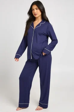 Ensemble Pyjama De Maternité Chemise À Manches Longues Et Pantalon Avec Détails Passepoilés