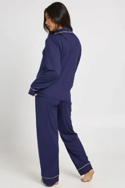 Ensemble Pyjama De Maternité Chemise À Manches Longues Et Pantalon Avec Détails Passepoilés