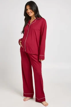 Ensemble Pyjama De Maternité Chemise À Manches Longues Et Pantalon Avec Détail Passepoil