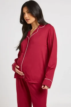 Ensemble Pyjama De Maternité Chemise À Manches Longues Et Pantalon Avec Détail Passepoil