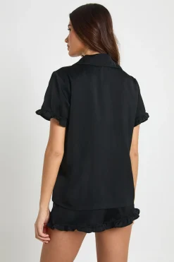 Ensemble Pyjama en Satin à Manches Courtes avec Détails à Volants et Short