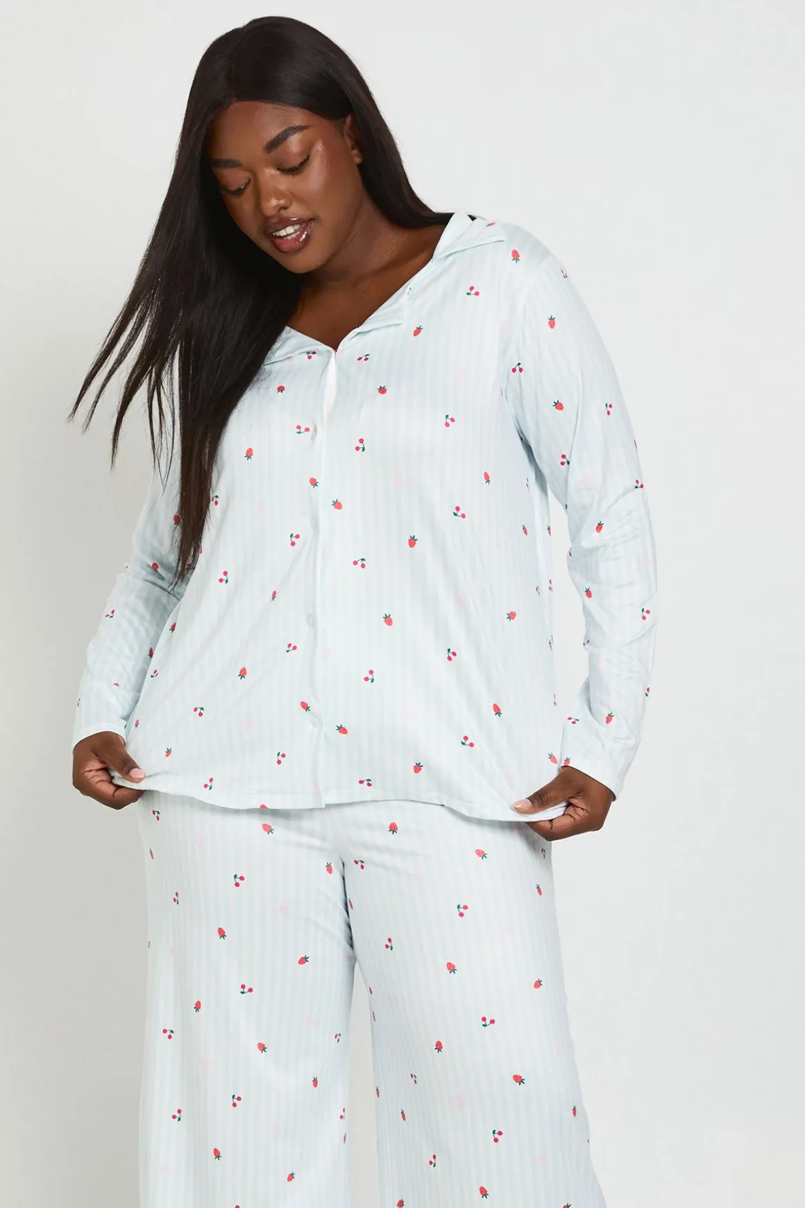 Ensemble Pyjama Grande Taille Chemise Et Pantalon Manches Longues À Rayures Et Imprimé Fruits