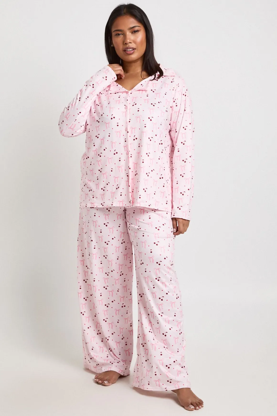 Ensemble Pyjama Grande Taille Chemise À Manches Longues Et Pantalon Imprimé Nœuds Et Cerises