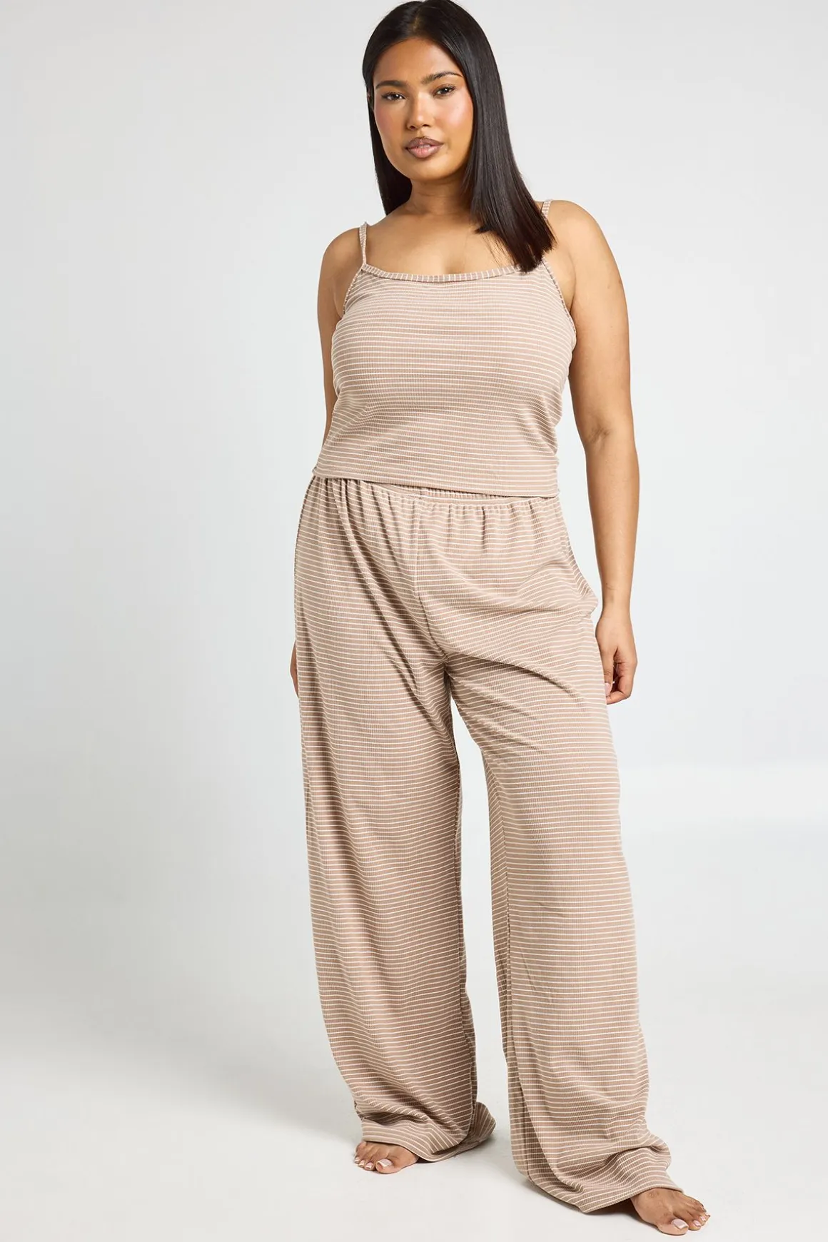 Ensemble Pyjama Grande Taille Côtelé Rayé Avec Caraco Et Pantalon