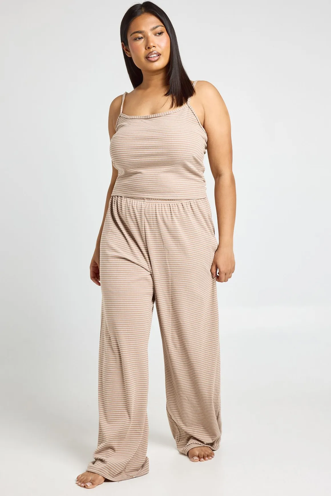 Ensemble Pyjama Grande Taille Côtelé Rayé Avec Caraco Et Pantalon