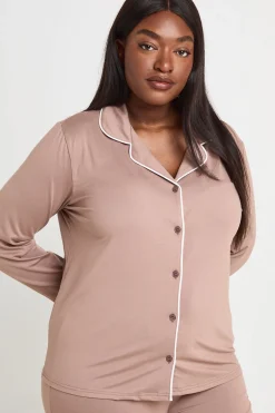Ensemble Pyjama Grande Taille Chemise Et Pantalon À Manches Longues Avec Détail Passepoil
