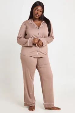 Ensemble Pyjama Grande Taille Chemise Et Pantalon À Manches Longues Avec Détail Passepoil