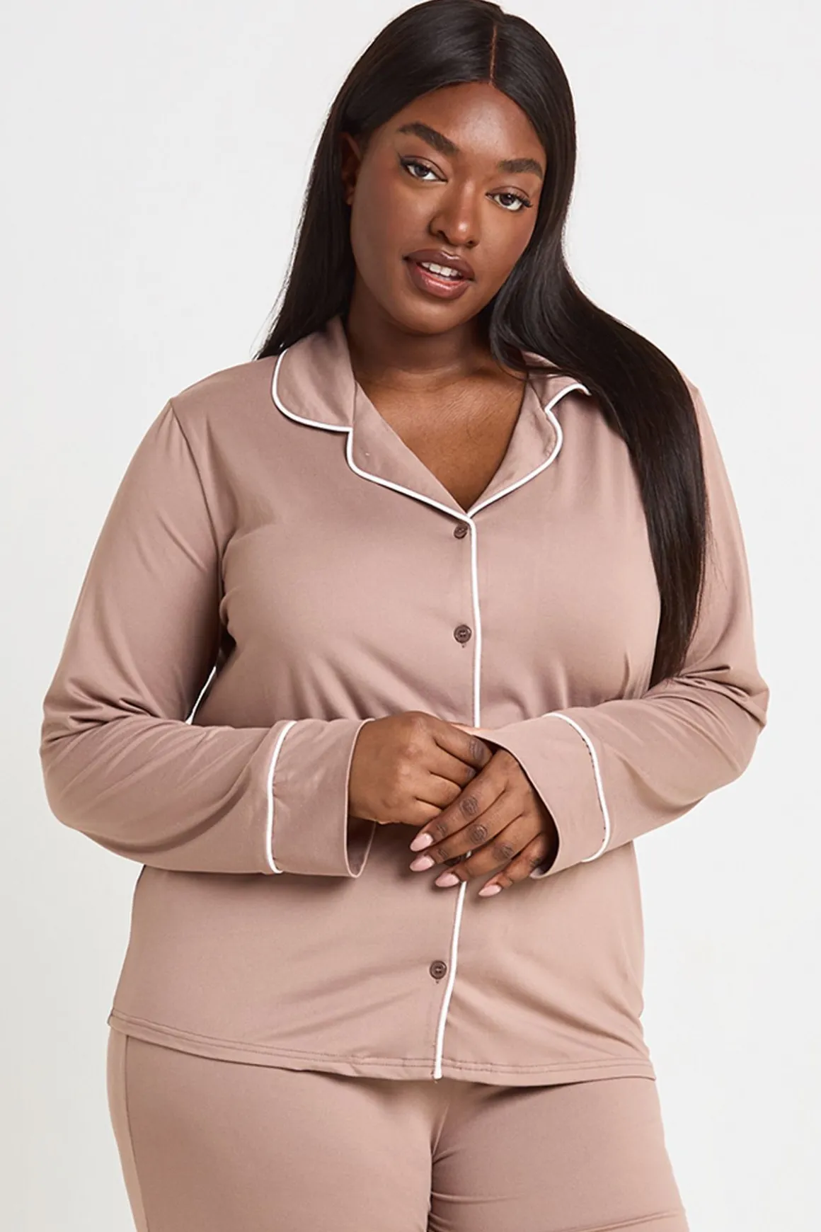 Ensemble Pyjama Grande Taille Chemise Et Pantalon À Manches Longues Avec Détail Passepoil