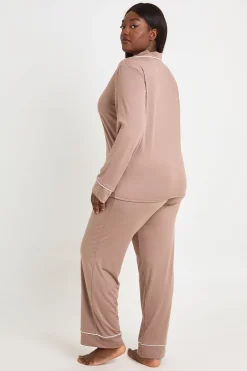 Ensemble Pyjama Grande Taille Chemise Et Pantalon À Manches Longues Avec Détail Passepoil