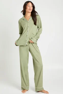 boohoo Ensemble Pyjama Grande Taille Chemise À Manches Longues Et Pantalon En Jersey Avec Détails Passepoilés<Femme Pyjamas