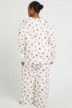 Ensemble Pyjama Grande Taille Imprimé Bonhomme en Pain d'Épice Haut Manches Longues et Pantalon