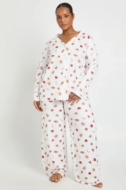 Ensemble Pyjama Grande Taille Imprimé Bonhomme en Pain d'Épice Haut Manches Longues et Pantalon
