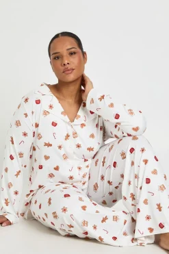 Ensemble Pyjama Grande Taille Imprimé Bonhomme en Pain d'Épice Haut Manches Longues et Pantalon