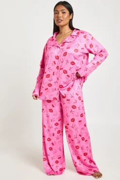 Ensemble Pyjama Grande Taille Imprimé Cerises et Bisous de Saint-Valentin Haut Manches Longues & Pantalon