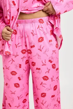 Ensemble Pyjama Grande Taille Imprimé Cerises et Bisous de Saint-Valentin Haut Manches Longues & Pantalon