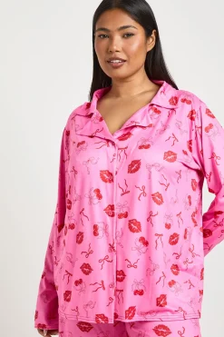 Ensemble Pyjama Grande Taille Imprimé Cerises et Bisous de Saint-Valentin Haut Manches Longues & Pantalon