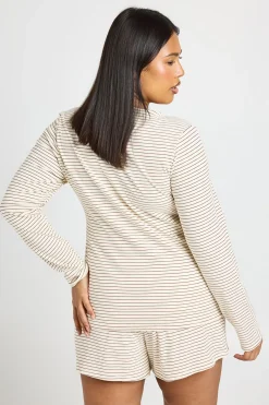 boohoo Ensemble Pyjama Grande Taille Haut À Manches Longues Et Short Côtelé À Rayures Doux<Femme Pyjamas