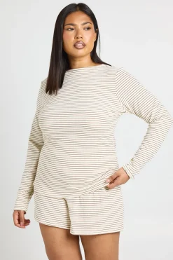 boohoo Ensemble Pyjama Grande Taille Haut À Manches Longues Et Short Côtelé À Rayures Doux<Femme Pyjamas