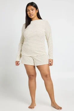 boohoo Ensemble Pyjama Grande Taille Haut À Manches Longues Et Short Côtelé À Rayures Doux<Femme Pyjamas