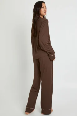 Ensemble Pyjama Grande Taille En Jersey Avec Détails Passepoilés Chemise À Manches Longues Et Pantalon
