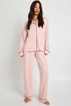Ensemble Pyjama Grande Taille Chemise Manches Longues Et Pantalon En Jersey Avec Détails Passepoilés
