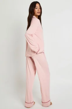 Ensemble Pyjama Grande Taille Chemise Manches Longues Et Pantalon En Jersey Avec Détails Passepoilés